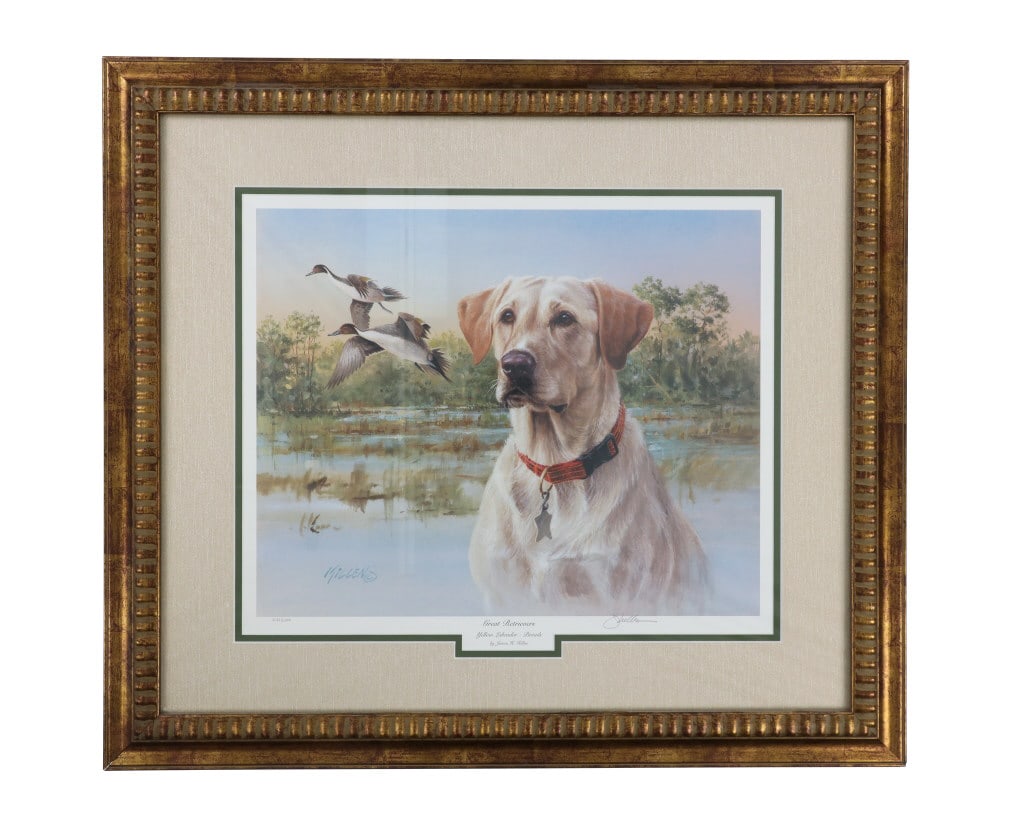 James H. Killen Lim. Ed. Print "Great Retrievers": For your consideration is this limited edition print (4683/6000) titled, "Great Retrievers Yellow Labrador - Pintails" by renowned Minnesota wildlife artist Jim "James" H. Killen (1934-2024) circa lat