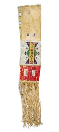 19th C. Sioux Beaded & Quilled Tobacco Pipe Bag: Featured in this lot is this Sioux beaded and quilled tobacco pipe bag circa 19th century. The tobacco bag features an Indian tanned hide and sinew sewn bag with natural color and a segment of porcupi