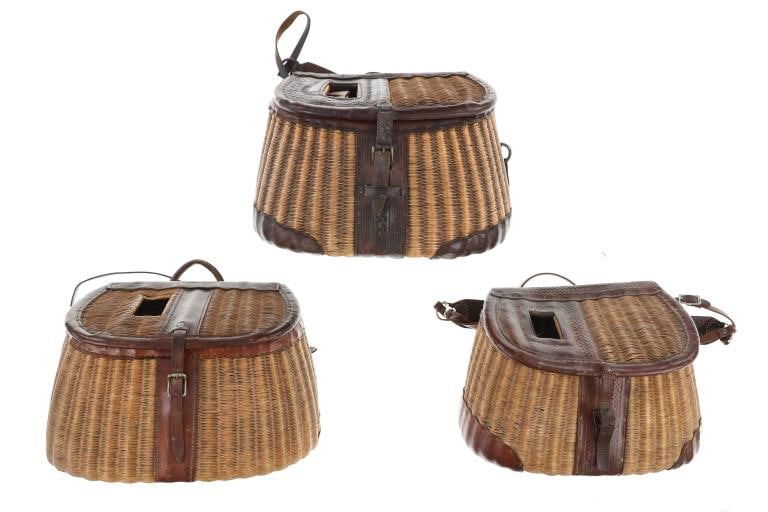 Ca. 1930-1950's Woven Tooled Leather Creel's (3): Featured in this lot is this woven tooled leather creel collection of three circa 1930 to 1950's. There are three creels in this collection with similar design and decoration. These creels resemble th
