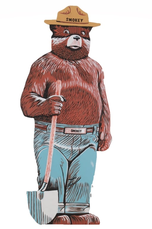 Smokey The Bear Life Sized Hand Painted Wood Sign: Featured is this Iconic Smokey The Bear Life-Size Sign Hand painted on wood, large. This original work of art is signed on the back, ?Nancy Allen? and is cut from a piece of plywood then hand painted.