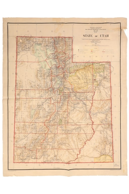 Utah Map Cloth Backed & Colored By H. King 1902: For your consideration is this rare, cloth backed General Land Office map of Utah, presented by the Department of the Interior circa 1902 and colored. The map was compiled under the direction of Harry