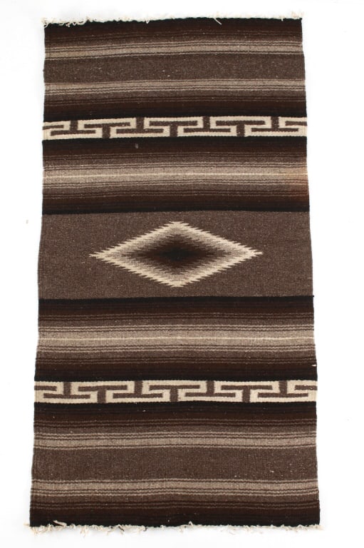 Zapotec Banded Medallion Saltillo Rug c. 1960's: Featured in this lot Zapotec banded medallion Saltillo rug circa 1960's. The rug features a wonderfully and professionally crafted hand woven wool construction that shows a banded example with a large