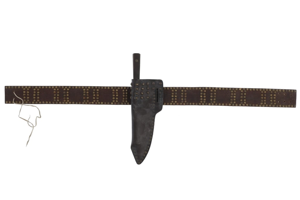 19th C. Blackfoot Tacked Leather & Trade Knife: Featured in this lot is this Blackfoot tacked leather and trade knife circa 19th century from the Blackfoot Native American Indians of the Northern Plains of Montana. The piece is from a Montana colle
