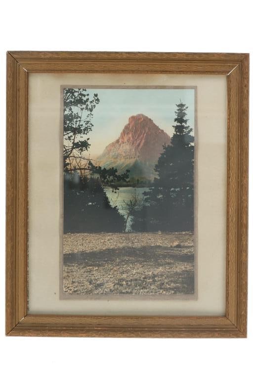 R.E. Marble Hand Tinted Glacier Nat'l Park Photo: Featured in this lot is this original, hand tinted photo of Tow Medicine Lake in Glacier National Park, taken by Ray Elmer Marble circa 1910-1920s. Ray Elmer Marble (Montana, 1883-1938) was an iconic