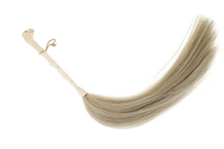 Antique Carved Bone Handle Horse Hair Whisk 19th C: For your consideration is an Antique Carved Bone Handle Horse Hair Whisk, 19th century. Bone handle has a carved bird head with ebony inlays. Fly-whisks are in use in parts of the Middle East, such as