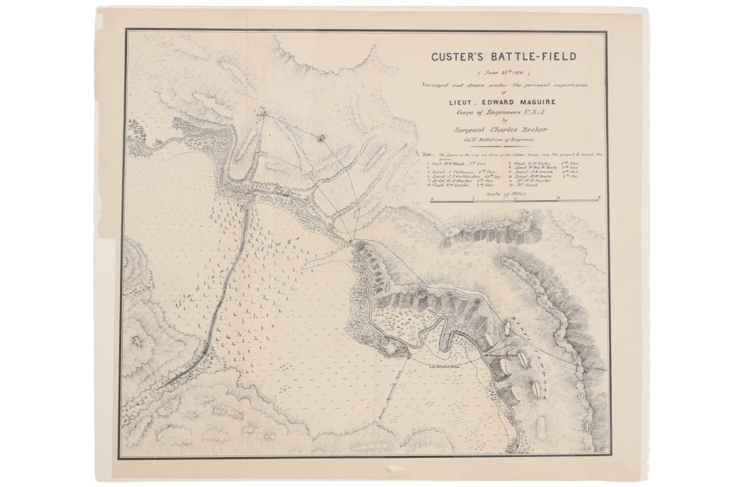 Ca. 1877 Custer's Battlefield Map - Sgt. C. Becker: For your consideration is this map of Custer's Battlefield (June 25th, 1876) surveyed and drawn under the personal supervision of Lieutenant Edward Maguire, Corps of Engineers U.S.A., by Sergeant Char