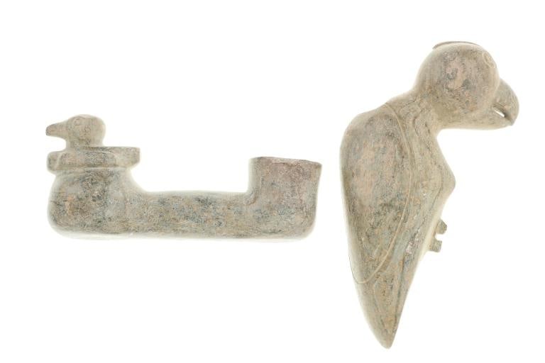 Mississippian Style Bird Effigy Soapstone Pipes: Included in this lot is a Collection of Mississippian Style Carved Bird Effigy Soapstone Pipes (2). These are unique and intricately designed ceremonial pipes, carved in the appearance of birds. Soaps