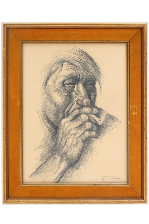 Rob Freeman (1939-2019) "Simon's Thoughts": For your consideration is this original Robert Freeman (1939-2019) drawing titled "Simon's Thoughts" done in late 20th / early 21st century. Robert Freeman was born on the Rincon Indian Reservation in