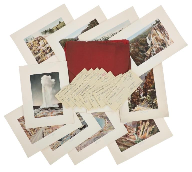 "Yellowstone In Photo Color" F. Haynes Lithos (12): Featured in this lot are eight checks paid out to various people by F.J. Haynes and a portfolio of colored chromolithographs titled, "Yellowstone In Photo Color" by F.J. Haynes, printed by B & B circa
