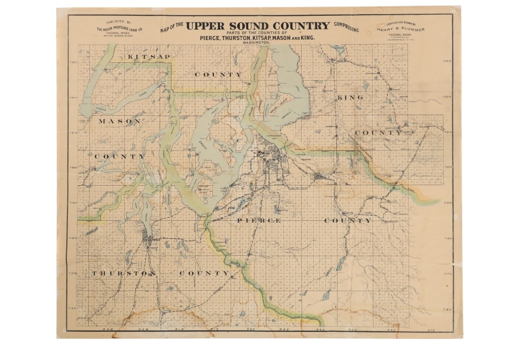 Ca. 1900 Upper Sound Country WA Map - H.G. Plummer: Featured in this lot is this original map of The Upper Sound Country, compiled and drawn by Henry G. Plummer and published by The Mason Mortgage Loan Company circa 1900s. This map includes parts of th