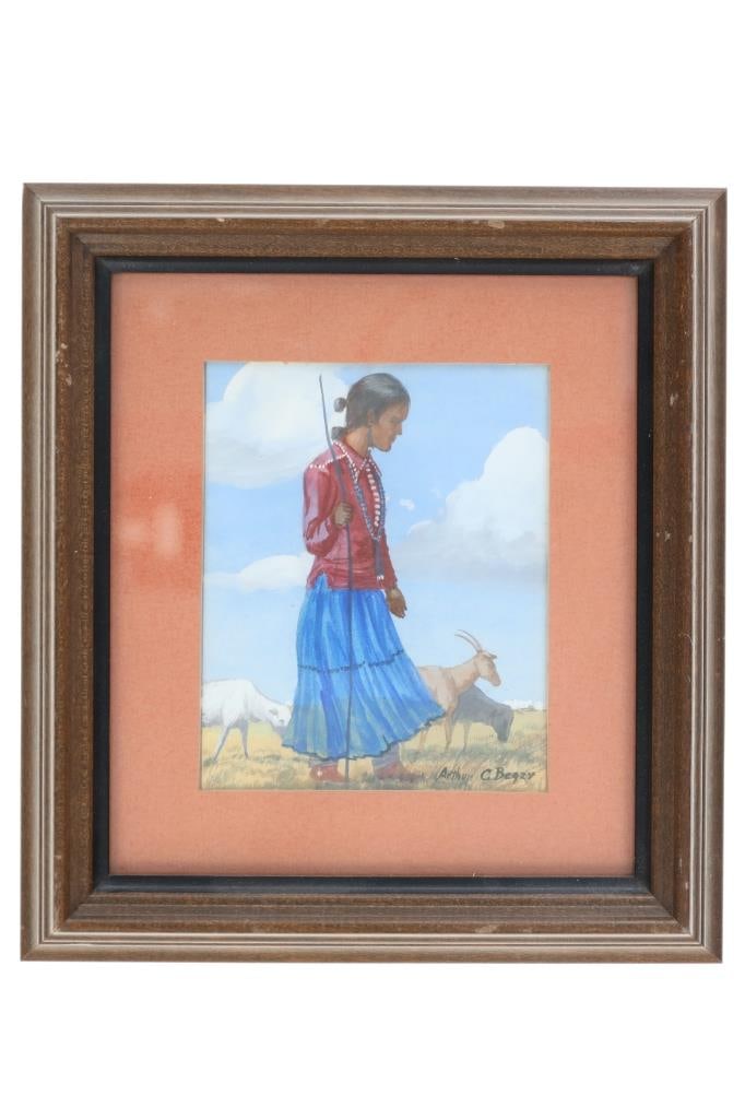 A.C.Begay (1932-2010) Navajo Sheep Herder Painting: Featured in this lot is this original painting done by Navajo artist Arthur C. Begay (1932-2010) circa late 20th century. Arthur C. Begay was a well-known Navajo artist who created vibrant paintings s