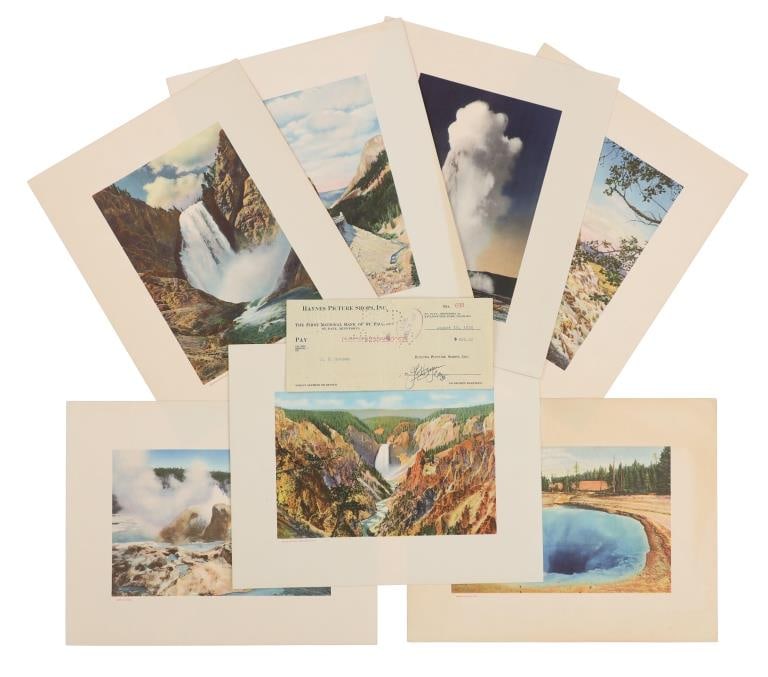 Yellowstone Colored Chromolithographs Haynes (7): For your consideration are twelve F.J. Haynes checks and colored, chromolithographs from Yellowstone circa 1900-1930s. Frank Jay Haynes, known as F. Jay or the Professor to almost all who knew him, wa