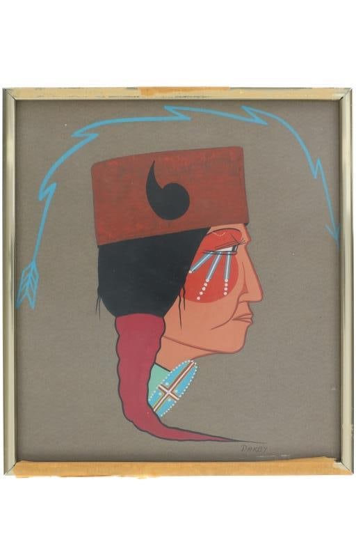 Kiowa Ray Darby (1938-2016) Original Painting: Featured in this lot is this original gouache painting done by Kiowa artist Ray Darby (1938-2016) done mid to late 1900s. Kiowa artist Ray Darby was born and raised in Oklahoma. He rose to prominence