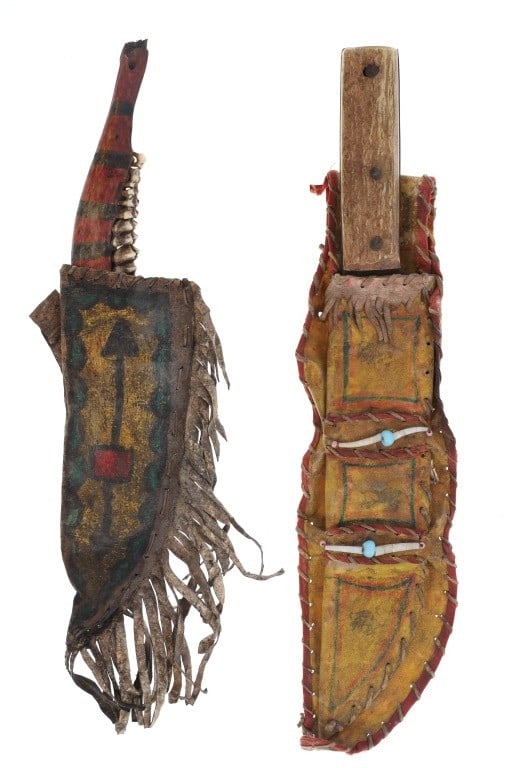 Ca. 1940-1960's Apache Parfleche Sheath/ Knife (2): Featured in this lot is this Apache Parfleche sheath and knives circa 1940 to 1960's. There are two sheaths and knives in this collection. The Apache sheaths feature Parfleche construction that is pai