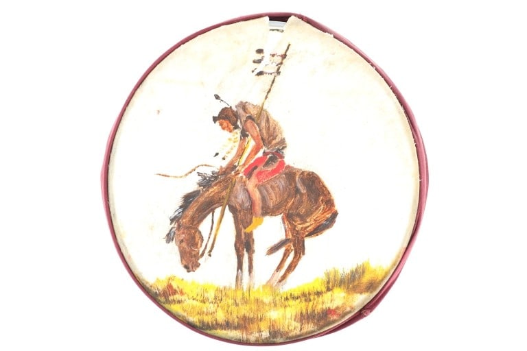 Ca. 20th C. Tarahumara Hide Wrapped Painted Drum: Featured in this lot is this Tarahumara hide wrapped painted drum circa 20th century. The drum features a wonderfully and professionally crafted hide wrapped construction that shows an aluminum frame