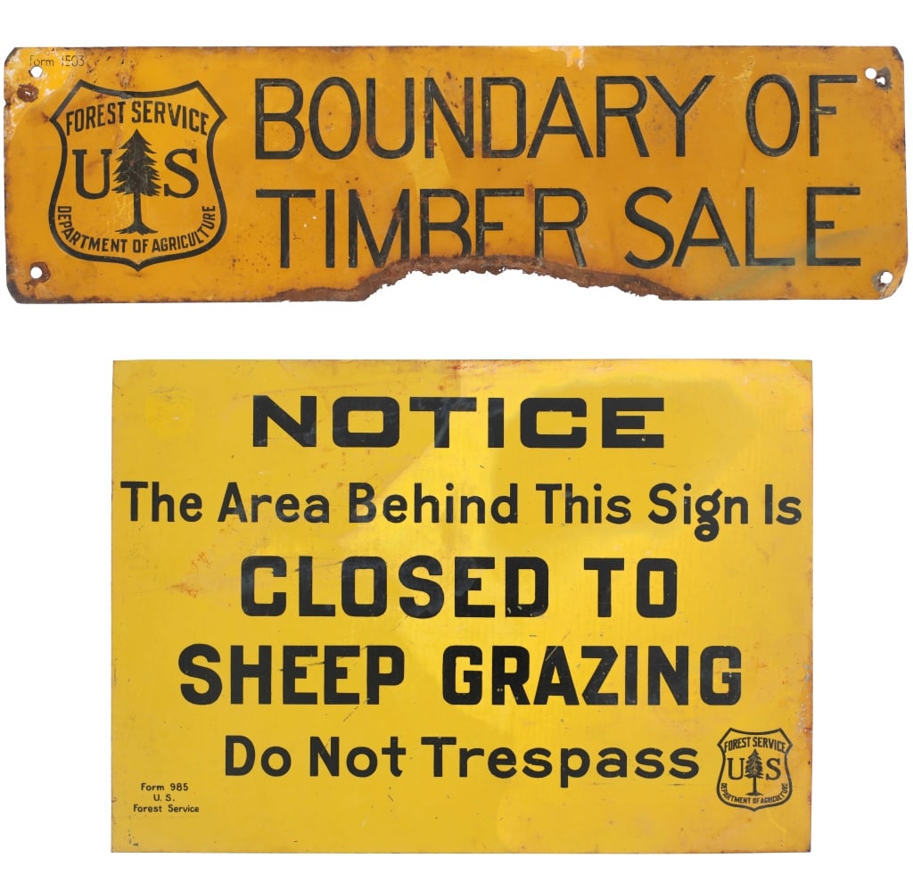 U.S. Department of Ag. Forest Service Signs (2): Featured in this lot are two U.S. Department of Agriculture Forest Service signs circa early to mid 1900s. The first sign shows a yellow colored base with black lettering reading, "Boundary of Timber 