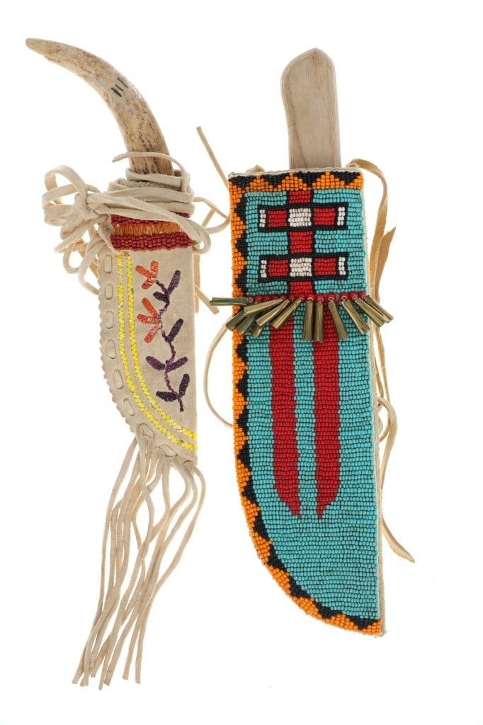 20th C. Southern Plains Beaded & Quilled Sheaths: Featured in this lot is this Southern Plains beaded and quilled knife sheaths with knives circa 20th century. There are two knives in their sheaths in this collection. The first shows a smaller statur