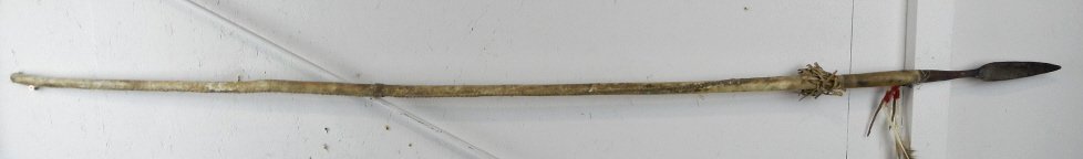 Northern Plains 1800's Spear: This is piece is a warriors spear or buffalo spear. This has a metal hand made spear head that measures 10" ad the staff is covered entirely of Buffalo Rawhide the entire piece is sinew sewn and has g