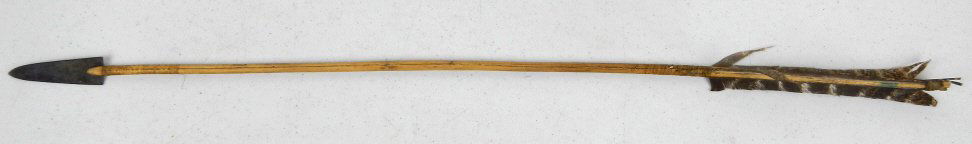 Sioux Arrow: This is an orignal Sioux Native American Arrow for a Bow and Arrow. This is hand made and features rawhide tied iron arrowhead and turkey feathers. This measures 27" long with a 2.75" long arrow head.