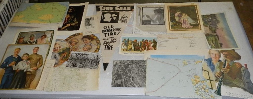 Old Advertisement Collection: This is a box full of paper advertisements including 2 pennant shaped paper tire advertisements.