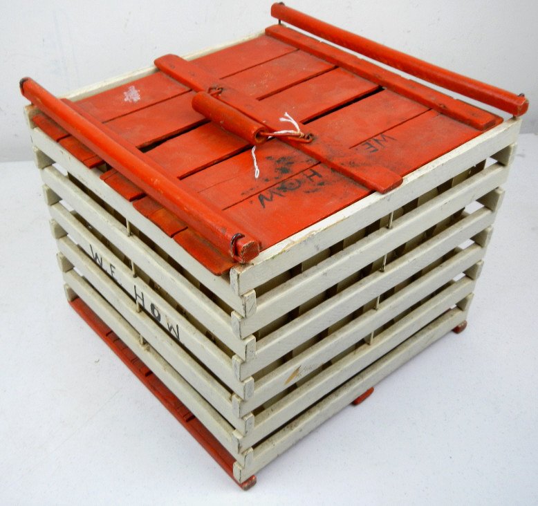 Wooden Egg Crate: This is a painted most likely mid-late 1900's egg crate with the cardboard inserts. Measures 11.25" tall and 13"x13"