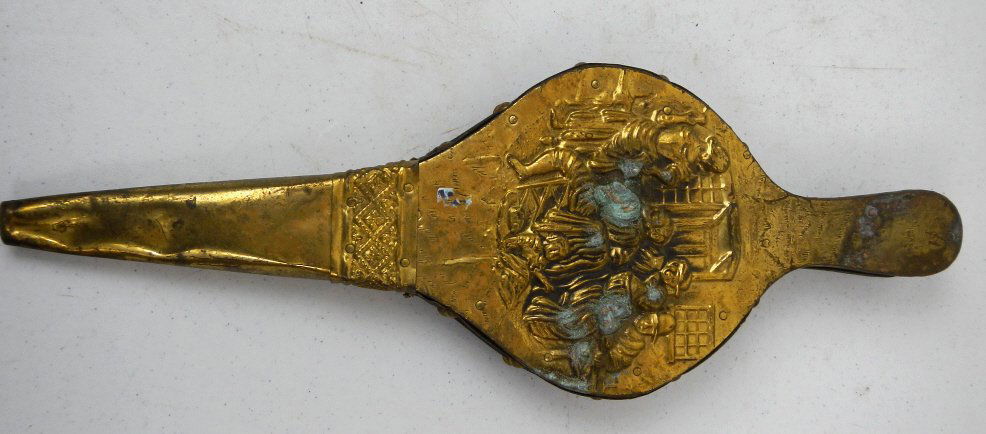 Decor Bellows: Here is a bellows with a pressed ass front covering and a leather bellows. Measures 18" long.