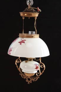 1800's Victorian Cherry Blossom Globe Hanging Lamp: Featured in this lot is this Victorian cherry blossom globe hanging lamp circa 19th-century. The hanging lap features a wonderfully and professionally crafted glass and brass construction that shows a