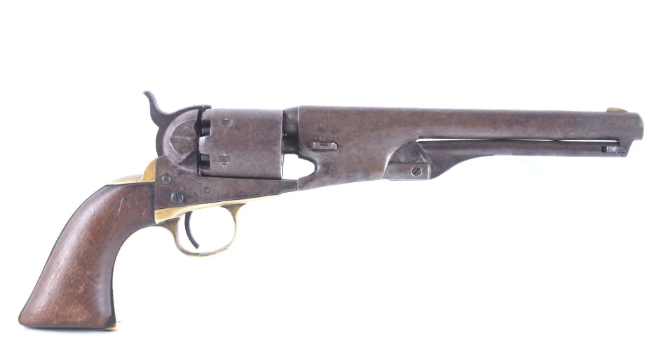 RARE Civil War Colt 4-Screw Stock Cut Revolver: This is a very unusual late-American Civil War production Colt Model 1851 and Colt Model 1861 4-screw shoulder cut out factory revolver chambered in .36 caliber with a serial number of 164127 dating t