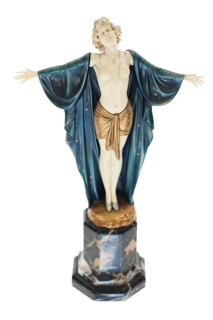 Ca. 1920 Johann Philipp Ferdinand Preiss Bronze: This is an original, astounding circa early-1920?s cold-painted bronze, gilded and carved bone sculpture by Johann Philipp Ferdinand Preiss (1882-1943). The sculpture is signed at the base, ?F. PREISS