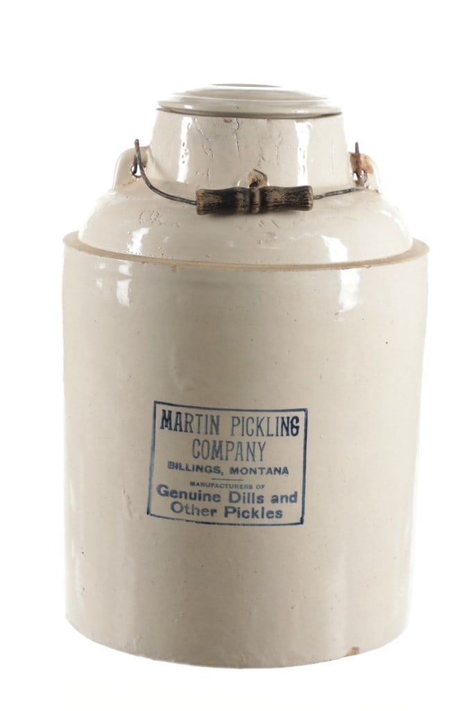 Billings, MT Martin Pickling Co. Stoneware Crock: Featured in this lot is this Martin Pickling Co. stoneware crock out of Billings, Montana. The crock features a wonderfully and professionally crafted stoneware construction that shows a salt glazed f