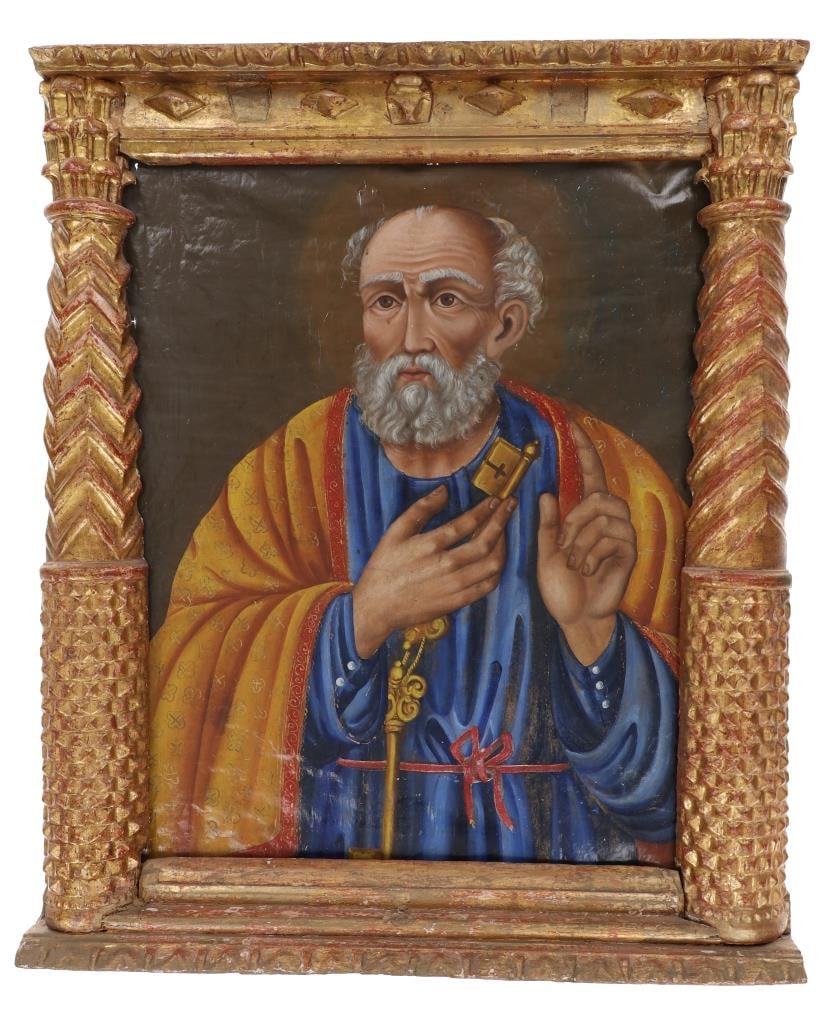 18th Century Saint Peter Catholic Oil Painting: Featured in this lot is an oil painting of the Catholic rendition of Saint Peter circa 18th century. The painting features a wonderfully and professionally crafted oil on canvas construction with a gi