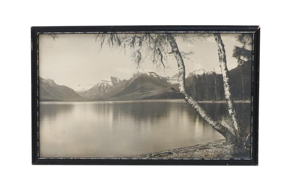 R.E. Marble (1883-1932) Original Glacier Photo: Featured in this lot is this framed hand tinted photograph of Lake MacDonald in Glacier National Park Montana by Montana photographer R.E. Marble (1883 - 1932). The photograph features a wonderfully a