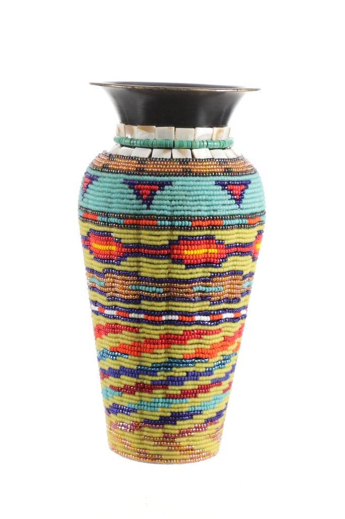 Kathleen Kills Thunder Beaded Tall Vase: For your consideration is this beaded vase done by Sioux artist, Kathleen Kills Thunder. The vase is highly decorated with geometric designs done with colorful beads in colors of gold, yellow, brown,
