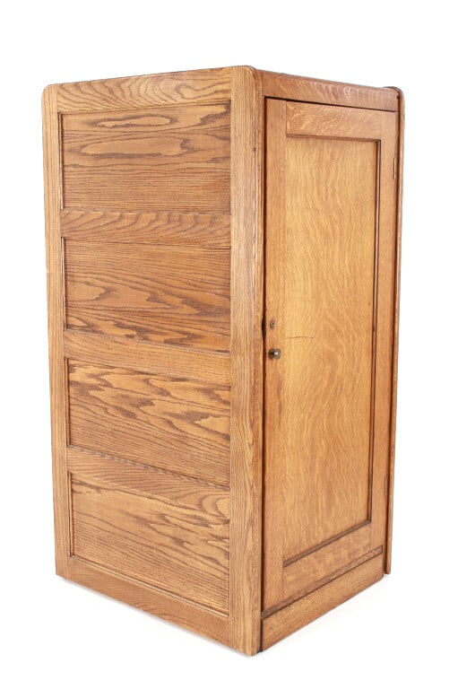 Antique Oak Panel Industrial Cabinet: This is an excellent antique oak panel industrial office cabinet from the early 1900?s. The cabinet could have been an old ice box compartment, filing cabinet, armoire type. The cabinet features a won