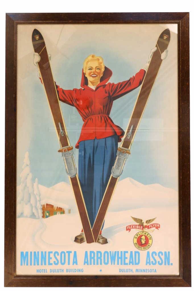 Flexible Flyer Lithograph Advertisement 1940: For your consideration is this original, lithograph advertisement for Flexible Flyer and the Minnesota Arrowhead Association, designed by Sascha Maurer and placed in the Hotel Duluth Building in Dulut