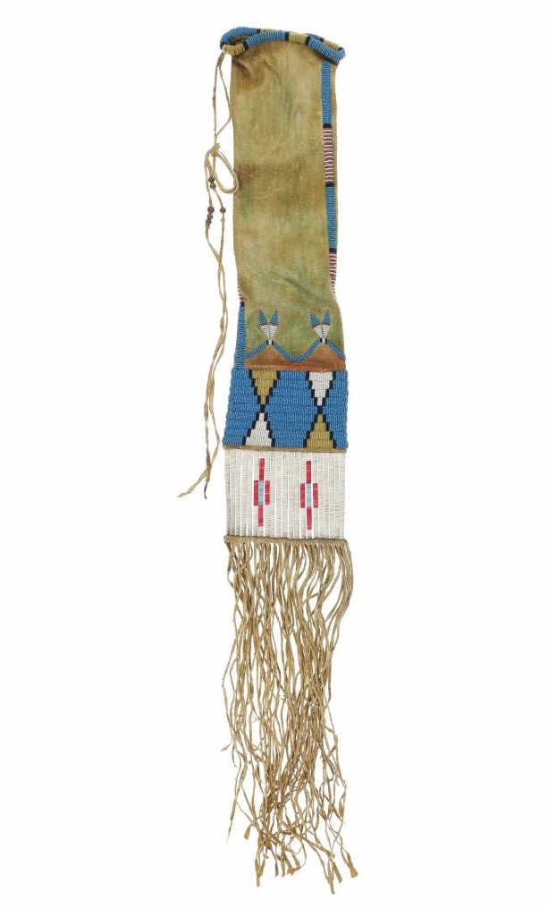 Beautiful Plains Beaded & Quilled Hide Pipe Bag: The lot features a beautifully beaded and porcupine quilled pipe bag from the Plains, attributed to the Cheyenne or Sioux. The nice bag shows Indian tanned hide construction with stunning beadwork don