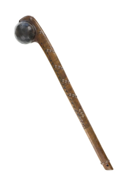 Early Chip Carved Root Ball War Club: This is a fine carver root ball war club with a nice early to antique age in the pattern of the upper New York Iroquois examples. The club shows a root ball carved with ?D? shaped top, solid mostly st