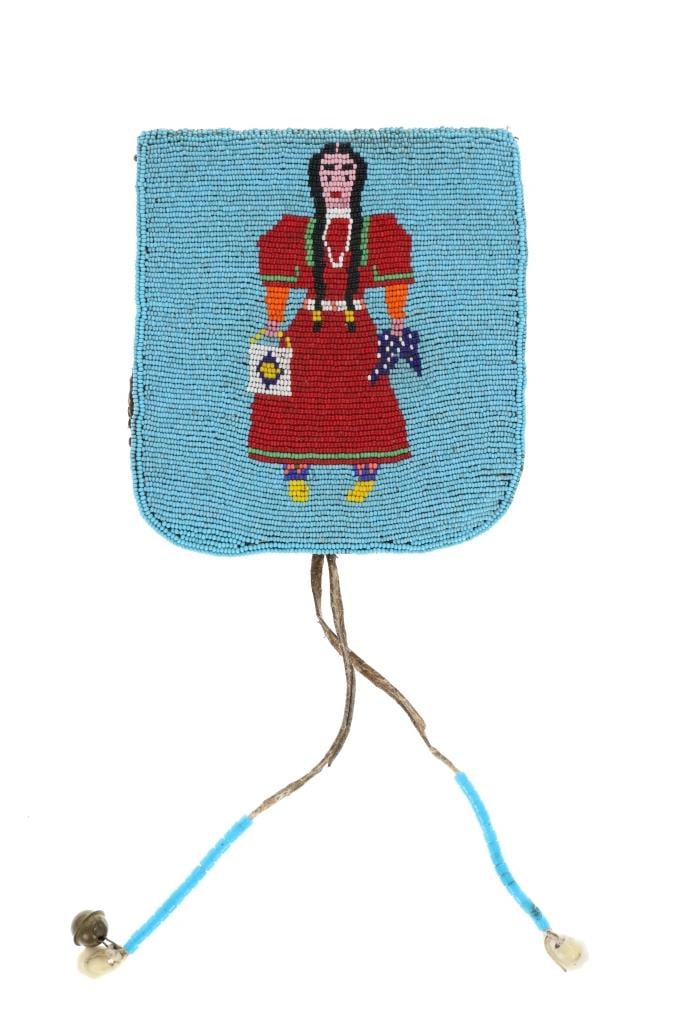 Ca. 1900 Yakima Beaded Pictorial Beaded Flat Bag: The lot features a early-1900's Yakima Plateau beaded flat bag with flap showing a woman pictorial image. The piece shows an Indian tanned hide belt pouch with flap and Indian hide fringe ties, and is