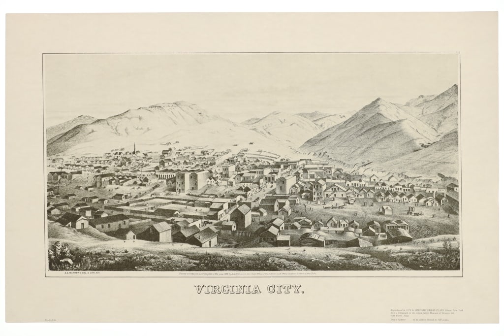 Virginia City, Montana Bird's Eye Map Limited Ed.: For your consideration is this limited edition (out of 500) reproduction lithograph originally drawn by Alfred Edward Mathews in the late 1860s, reproduced and published by the Historic Urban Plans in