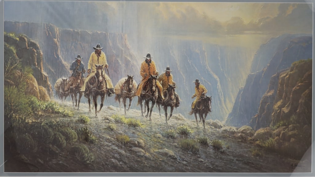 G. Harvey, "Men of the American West" Lithograph: Featured in this lot is an Original Signed G. Harvey "Men of the American West", Limited Edition, 1988, #865/1250; cowboys riding their horses through the canyons. G. Harvey (born Gerald Harvey Jones,