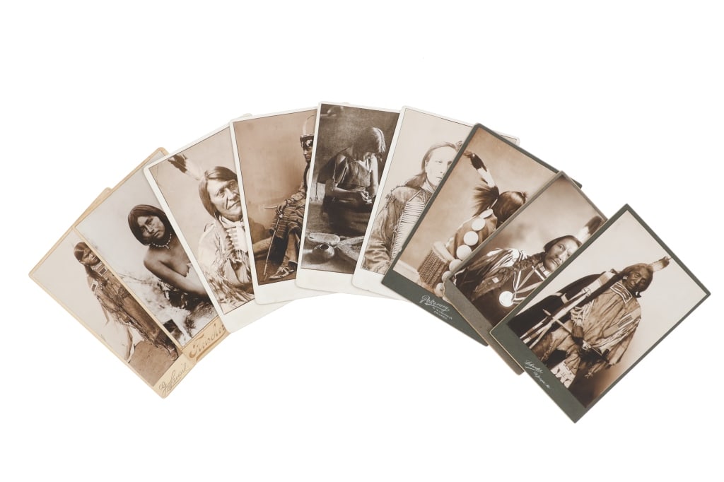 Historic Native American Cabinet Card Collection: The lot features a collection of nine cabinet cards with later photos of some of the most important and historic Native American?s of the West during the 19th-century. The images include Sapiah (also 