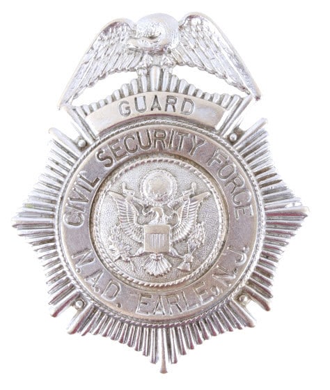Ca. 1943- WWII to Korea Navy Guard Badge: Offered in this lot is a Navy Civil Security Force Naval Ammo Depot guard badge dating to circa 1943-1950's. The badge shows metal construction with embossed designs across the face of the badge. The 