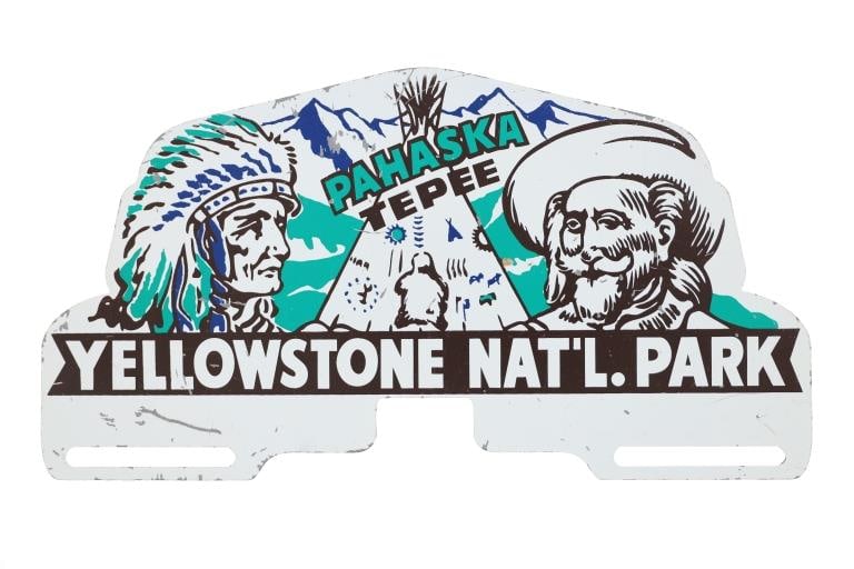 Yellowstone Pahaska Tipi Buffalo Bill Plate Topper: Presented in this lot is an original early vintage Yellowstone Park Pahaska Tepee Enamel Painted Steel License Plate Topper, circa 1940s-1950s. Pahaska Tepee is William "Buffalo Bill" Cody's old hunti