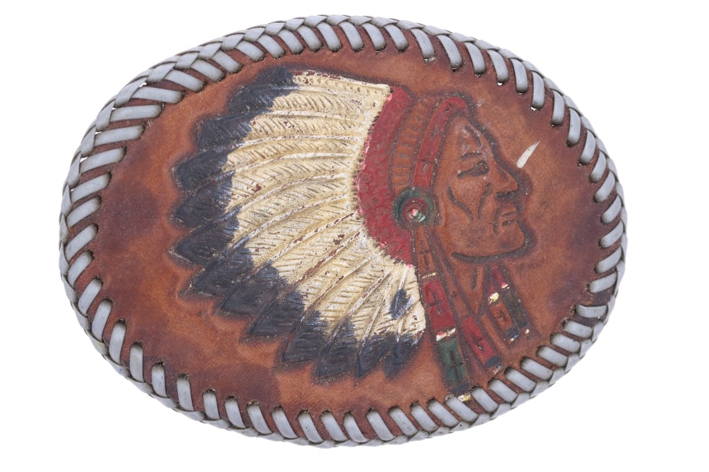 Whip-Stitched Native Man Leather Belt Buckle: For your consideration is this beautifully crafted whip stitched and leather belt buckle circa mid 1900s. Whip-stitching is a simple sewing technique for attaching two pieces of fabric, leather, or ot