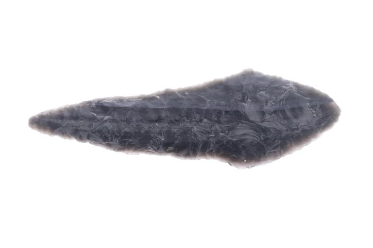 4 1/4" Nespelem Bar Point ex-Jim Young Collection: Featured in this lot is this 4 1/4" Nespelem Bar point; from the Ex collection of Jim Young and was taken in the 1940's. The point features a wonderfully and professionally knapped flint construction