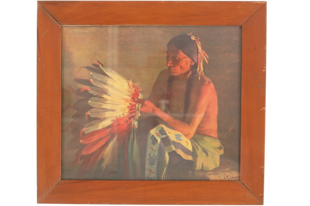 J.H. Sharp "The Old War Bonnet" Framed Print: For your consideration is this framed print titled, "The Old War Bonnet" by J.H. Sharp (1859-1952), originally painted in 1916. J.H. Sharp was an American artist and founding member of the Taos Societ