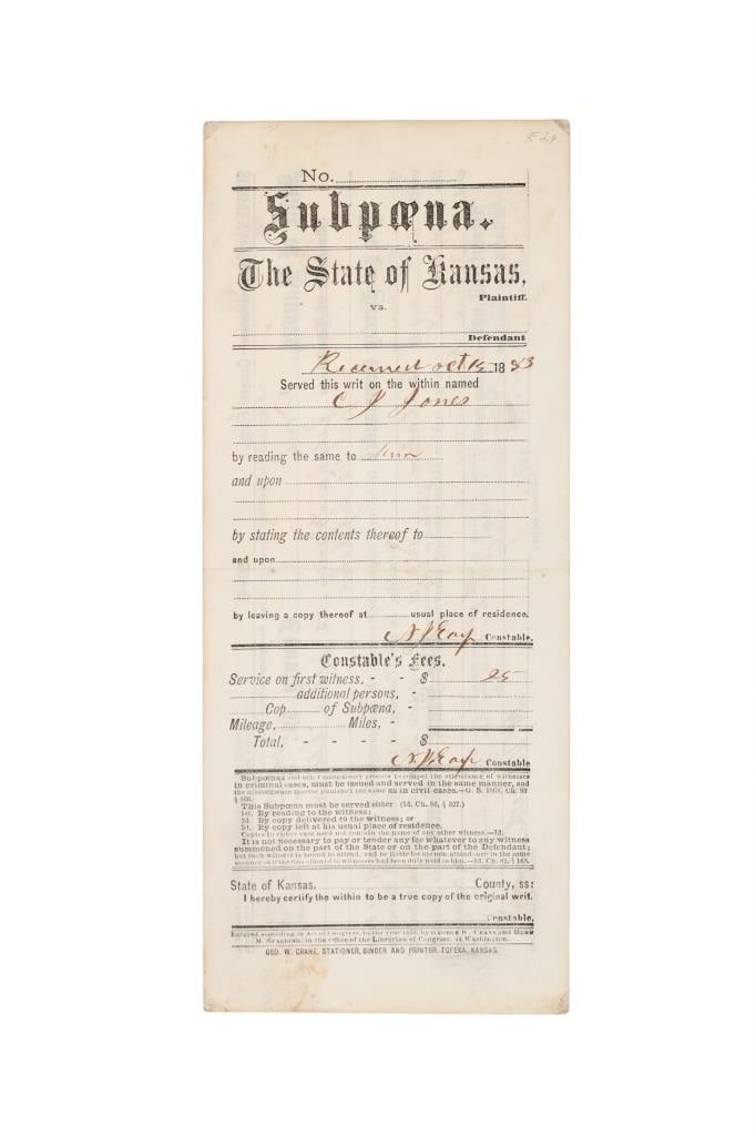 Newton Jasper Earp (1837-1928) Kansas Subpoena: Featured in this lot is a Garden City, Kansas subpoena circa 1883 signed by Newton Jasper Earp born in 1837 and died in 1928; Provenance: From the Tombstone Western Heritage Museum in Tombstone, Arizo