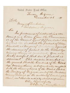 C.D. Bailey Letter On Gilded Age Mining Claim 1881: Featured in this lot is a letter from C.D. Bailey, Reviewer of Public Money / Receiver Land Office, to the third Mayor of Tombstone John Clum, regarding Alder Randall's (Second Mayor) protest of the i
