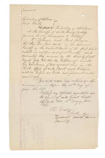 Ca 1890 Oklahoma Territory: Judgement Court Summon: Featured in this lot is this Oklahoma Territory: Judgement Court Summons circa 1890; Provenance: From the Tombstone Western Heritage Museum in Tombstone, Arizona. This is a handwritten Court Summons f