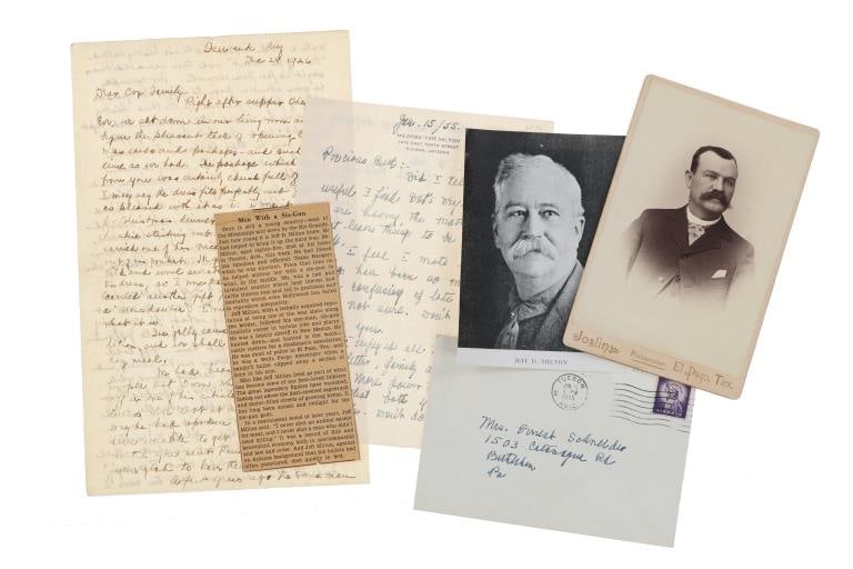 Jeff D. Milton (1861-1947) Gunfighter Ephemera: Featured in this lot is this collection of ephemera of iconic Old West gunfighter Jeff D. Milton born in 1861 and died in 1947; Provenance: From the Tombstone Western Heritage Museum in Tombstone, Ari